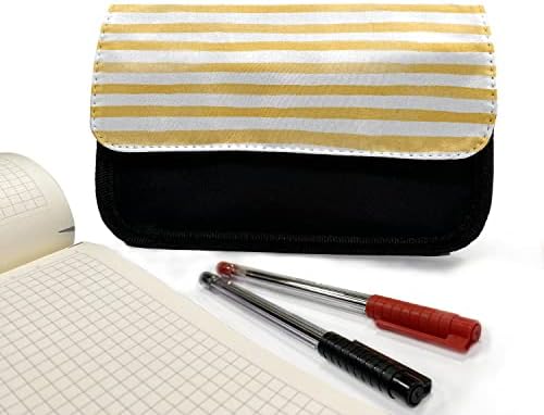 Carcasă cu creion cu dungi lunarabile, dungi de acuarelă, pungă de creion cu stilou din țesătură cu fermoar dublu, 8,5 x 5,5, muștar și alb