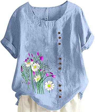 Tricou cu bluză grafică florală cu mac de margarete pentru doamne cu mânecă scurtă 2023 Lenjerie de bumbac Echipa de bumbac