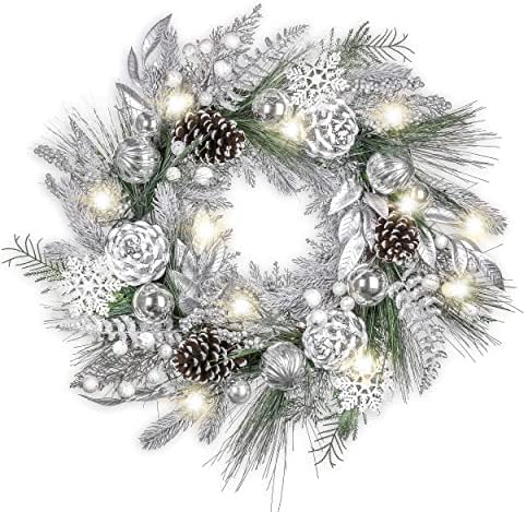 Valery Madelyn Frozen Iarna de iarnă Albul de Crăciun Bundle Pre-luminat de 24 de inci Coroana de Crăciun Craciun Angel Topper cu lumină intermitentă