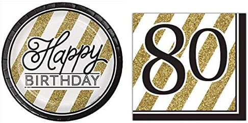 Black and Gold Happy 80th Birthday Party Bundle cu farfurii și șervețele pentru 16 oaspeți