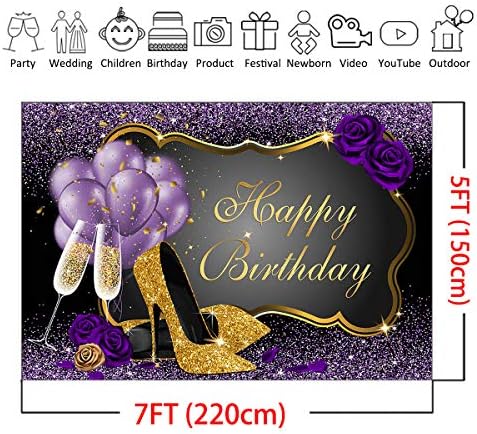 Mocsicka Glitter Purple Gold Happy Birthday background 7x5ft tocuri înalte Champagne Balloon Women ' s Birthday Photography Background Sweet 16th 30th 40th 50th Bday Party Decorations Photo Backdrops