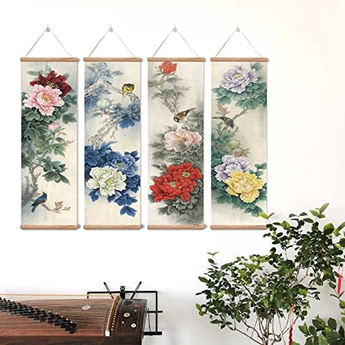 Pictură cu flori de bujor yodooltly, artă de perete pentru dormitorul din camera de zi, pictură tradițională meticuloasă chineză, afișe și imprimare, set de 4 piese fixate din lemn