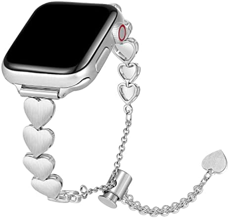 Banda de brățară cu lanț de inimă Diamond Compatibil cu Band Watch Watch 38mm 40mm 41mm 42mm 42mm 44mm 45mm, benzi cu curea de înlocuire reglabilă iwatch compatibilă pentru Apple Watch Series 6 5 4 3 2 1 SE Femei