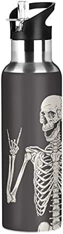 Sticlă de apă amuzantă cu craniu cu capac de paie, schelet amuzant 20 oz din oțel inoxidabil izolat păstrează sticlă fierbinte