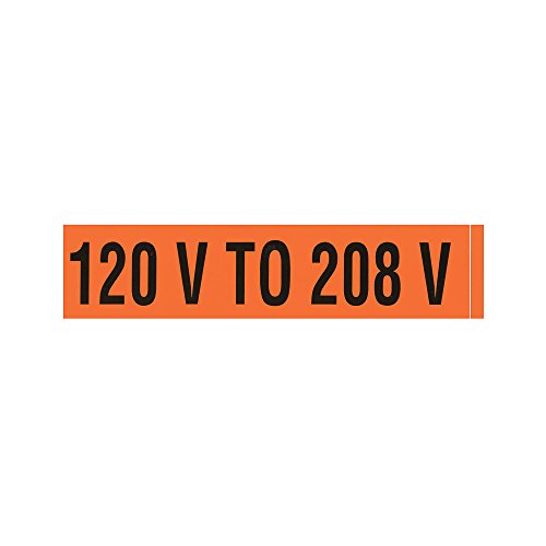 Marker de tensiune, legendă 120V până la 208V, 9 lungime x 2-1/4 înălțime, vinil sensibil la presiune, negru pe portocaliu
