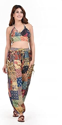 Hippie Harem Gypsy Pantaloni de yoga boem din indian, Patch Elastic Pantaloni cu talie înaltă cu două buzunare pentru unisex,