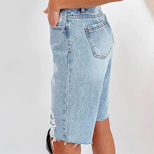 Oplxuo 2023 Femei Denim Bermuda Pantaloni scurți de la Mid-Rise Fashion Summer Înfundat cu tiv crud cu tivu rupt cu blugi în dificultate cu buzunare cu buzunare