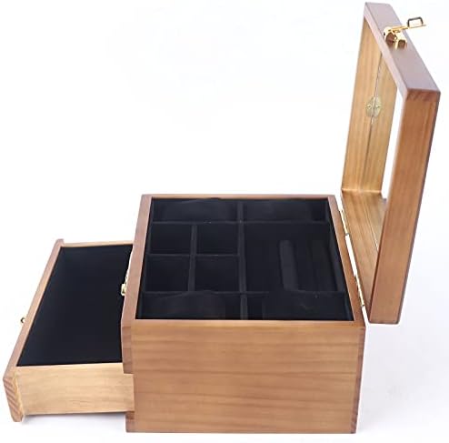 Lyniceshop Box de bijuterii din lemn pentru femei, organizator cutia de lemn solid cu blocare combo pentru bijuterii, ceasuri,