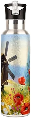 Sticlă de apă sport cu capac de paie, floare de capac de paie mac vid izolat cu perete dublu, sticlă de apă din oțel inoxidabil