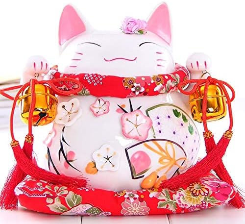 Zamtac 8inch ceramică Maneki Neko Ornament Pink Alb Lute Design Lute Lucky Cat Banii Figurină Decor pentru casă Fortune Cat