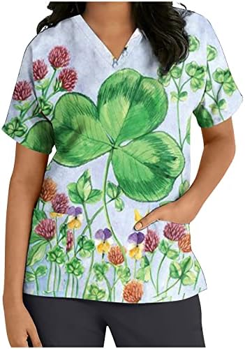 Femeii St. Patrick ' s Day Uniforma De lucru cu buzunare Shamrock imprimare V-Neck T-Shirt maneca scurta vacanță topuri tricouri