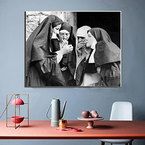 Alb-negru arta de perete fumat călugărițe Poster catolici arta de perete panza pictura postere si printuri arta de perete poze pentru camera de zi dormitor Decor 20x26inch Unframe-Style