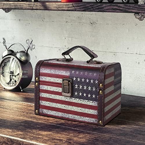 Xiaoaika Decorative Wood Treasure Chest Box - Cutie de depozitare din piele PU elegantă și durabilă cu model de steag american