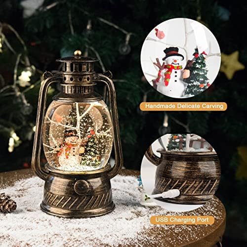 Christmas Snow Globe Lantern Spinnning Water Glittering Snow Om cu scena copacilor de vacanță, baterie și lumină USB pentru