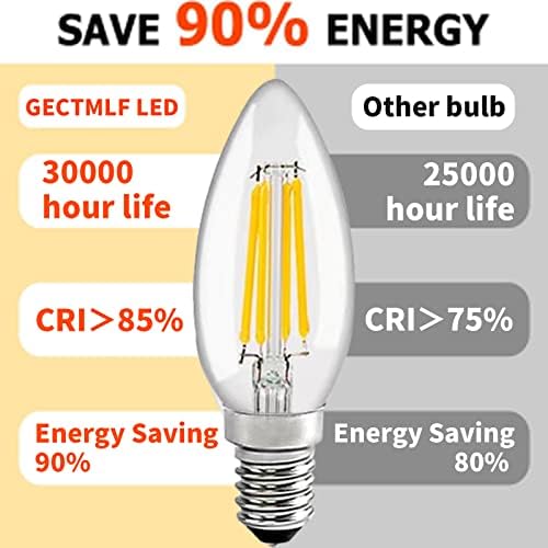 Gectmlf 4W E12 becuri cu Filament, Candelabre LED Edison Becuri, 400lm 40W echivalent, 2700K alb cald, ventilator de tavan