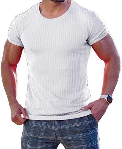 Tricouri pentru bărbați mușchi întinși fitness subțire montată tricou lung, clasic rotund, tricotat cu mânecă scurtă