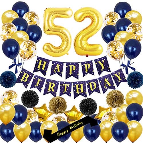 Yujiaonly 52 de naștere decorațiuni de naștere-fericită banner de aniversare de aur numărul 52 baloane la mulți ani shatex și baloane confetti perfecte pentru 52 de ani de petrecere de petrecere baloane albastru închis