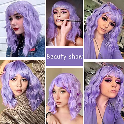 Shuopus Purple peruca cu breton scurt ondulat Bob peruca pentru femei 12 Inch Sintetice Peruci Umăr Lungime rezistente la căldură