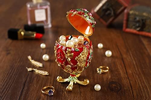 Furuida Red Faberge Egg Cuties cutii cu balamale cu model de email, picturat manual, cutii de bijuterii, cutii de bijuterii, ornamente artizanale pentru decor pentru casă
