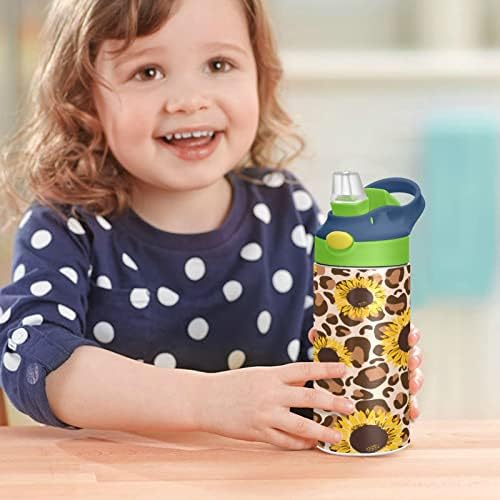 Sticlă de apă Kigai Sunflowers Leopard Kids cu capac de paie, BPA Free, 12oz din oțel inoxidabil în vid izolat pentru scurgeri