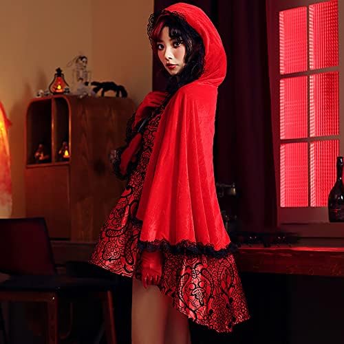 Gotic Little Red Riding Hood costum pentru femei dantela-up High Low tiv imprimare capota Cape mini petrecere rochie