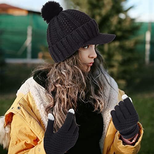 4 seturi pălării de iarnă și mănuși setate pentru femei pălării de beanie cald tricotat cu mănuși cu ecran tactil cu tărâțe de zăpadă cu vizie