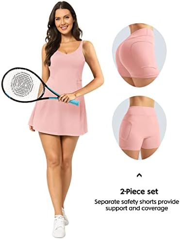 Rochii de tenis pentru femei cu 4 rochie atletică cu 4 buzunare cu sutien încorporat și pantaloni scurți separați pentru antrenament