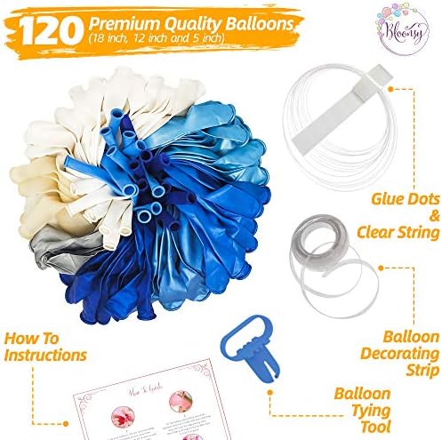 Bloonsy Blue Balloon Garland Kit | Kit Arch Balloon cu baloane albastre și albe | 120 pachet | Confetti de argint, albastru bleumarin, baloane albastre regale | Decorațiuni de petrecere pentru băieți albastru și argintiu pentru bebeluși