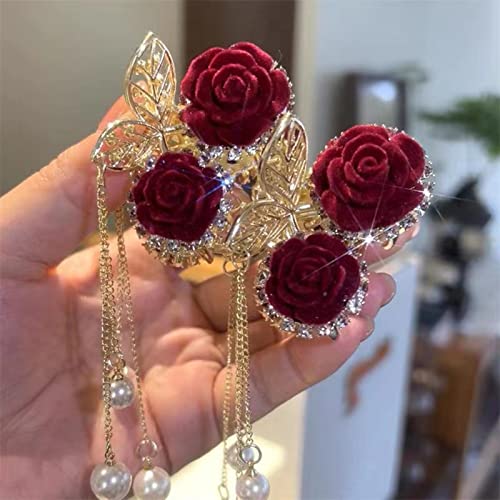Haibinsuo Metal Hair Clip Clip, strălucire străină margele cu margini lungi de decor Claw de păr Elegant roșu trandafir decor floare de flori accesorii pentru păr pentru fete fete 1pcs