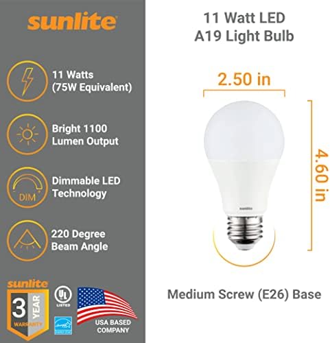 Sunlite 41557-SU LED A19 bec standard, 11 wați, 1100 lumeni, bază medie, reglabilă, listată UL, Energy Star, 3000k alb cald,