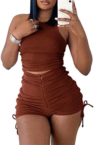 Volemo 2 piese Outfits for Women Sex Sexy Slotsuit cu mânecă lungă Muncă pe Legging Set Crop Top Ruched Lounge Set
