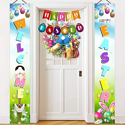 Semn de pridvor fericit de Paște, decorare de Paște Temă Spring Hanging Banner Eggs de Paște iepuras Iepurașul ușii de vacanță Decorațiuni pentru petrecerea de acasă perete din față decor ușă