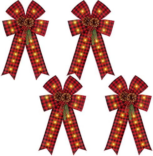 Hotop 16 x 23 inci copac de Crăciun arc led arc arc de Crăciun topper arc roșu și negru bivol de carouri topper sclipici luminat arcul de Crăciun pentru decor de coroană de Crăciun