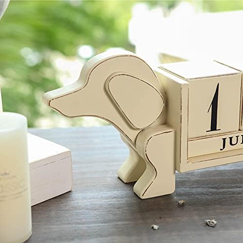 Nikky Home 2022 Vintage Wood Month Date Blocks Big Perpetual Calendar Accesoriu pentru birou, Shabby Chic în formă de câine,