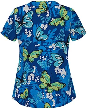 Womens Summer Scrub_tops Neck Fashion Bluze imprimate cu mânecă scurtă cu buzunare cu buzunare