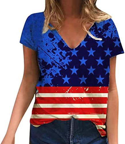 Noțiuni De Bază Cămașă Pentru Femei Femei American Star Flag Top Shirt V Neck Shirt Moda Maneca Scurta Topuri Top Femei Vrac