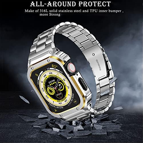 Band de oțel inoxidabil MIOHHR și benzi Apple Watch compatibile 45mm, bărbați curea metalică robustă și capac de protecție