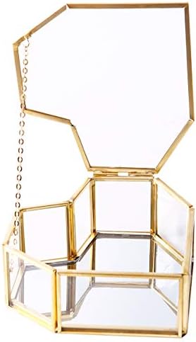 Cutie de bijuterii din sticlă aurită în formă de inimă, afișare mică bijuterie din sticlă limpede Organizatori Lidded Comozure Box pentru desktop, Dresser, baie și decor pentru casă, Gold Brass Edge