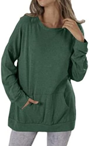Femei pe gât rotund buzunar maneca lunga Pulover Crewneck bluze Casual Pulover Topuri camasa vrac cu buzunare