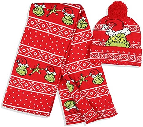 Dr. Seuss the Grinch care a furat setul de eșarfă de tricotat de Crăciun și pom beanie