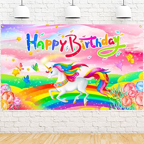 Ufocusmi Rainbow Unicorn Happy Birthday background, decorațiuni pentru ziua de naștere Unicorn pentru fete, Banner de fundal pentru petreceri tematice Unicorn 6x3, 6 picioare
