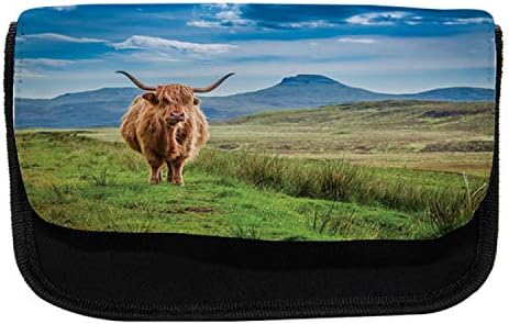 Carcasă lunară de creion de vacă Highland, Insul of Skye Panorama, pungă de creion cu stilou din țesături cu fermoar dublu,