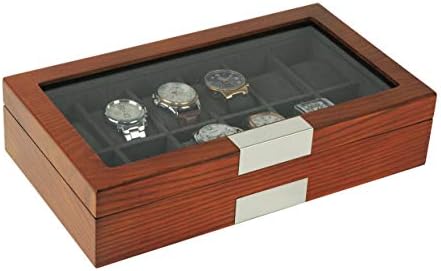 TIMELYBUYS 12 cutie de ceas din lemn de cireș organizator de bijuterii pentru depozitare cu blat din sticlă, accente din oțel