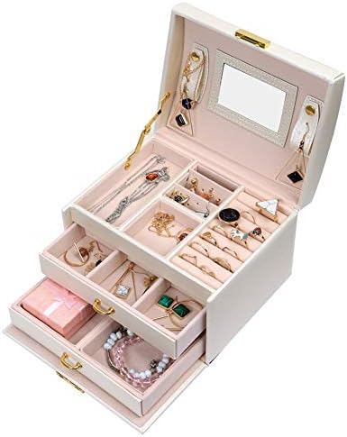 Cutie de bijuterii, Oganiser de bijuterii, cutie de depozitare a bijuteriilor din piele PU cu trei straturi cu oglindă și încuietoare,