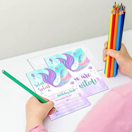 RLCNOT Carduri de invitații de naștere cu plicuri de 20 - Sirenă sub marea Sea Invitații pentru petreceri de naștere pentru copii, băieți sau fete, sărbători pentru petreceri pentru copii, rechizite/bday128