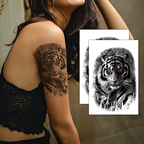 2 foi de tigru Tiger Tatuaje temporare Autocolante pentru bărbat/femei, tatuaje false de lungă durată, tatuaje false de lungă durată, tatuaj pentru corp/picior/braț, mâneci tatuaj cu jumătate de braț negru răcoros