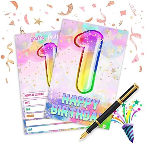 Muzruyou Funny 1th Birthday Party Carduri de invitație, Rainbow Holographic Invite cu plicuri （20 pachet