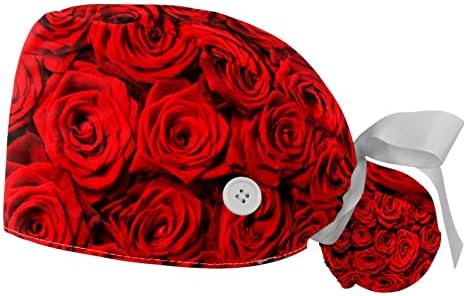 Capace medicale Lorvies pentru femei cu butoane păr lung, capac de lucru reglabil în 2 bucăți, model de flori de trandafiri roșii