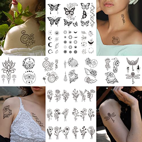 Cerlaza Tatuaje temporare pentru femei, 68 de foi, autocolante de tatuaje false realiste includ fluturi, flori, meduze, tatuaje