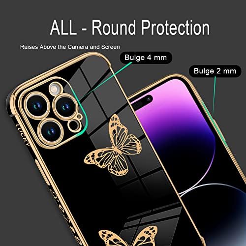 Kanghar iPhone 14 Pro Max Case Plating Butterfly Wireless Anti-Rusch Protector Protector Screenți de șoc Four Corner Pernă durabilă Anti-Dropping Protecție completă pentru protecție a corpului-Black-negru
